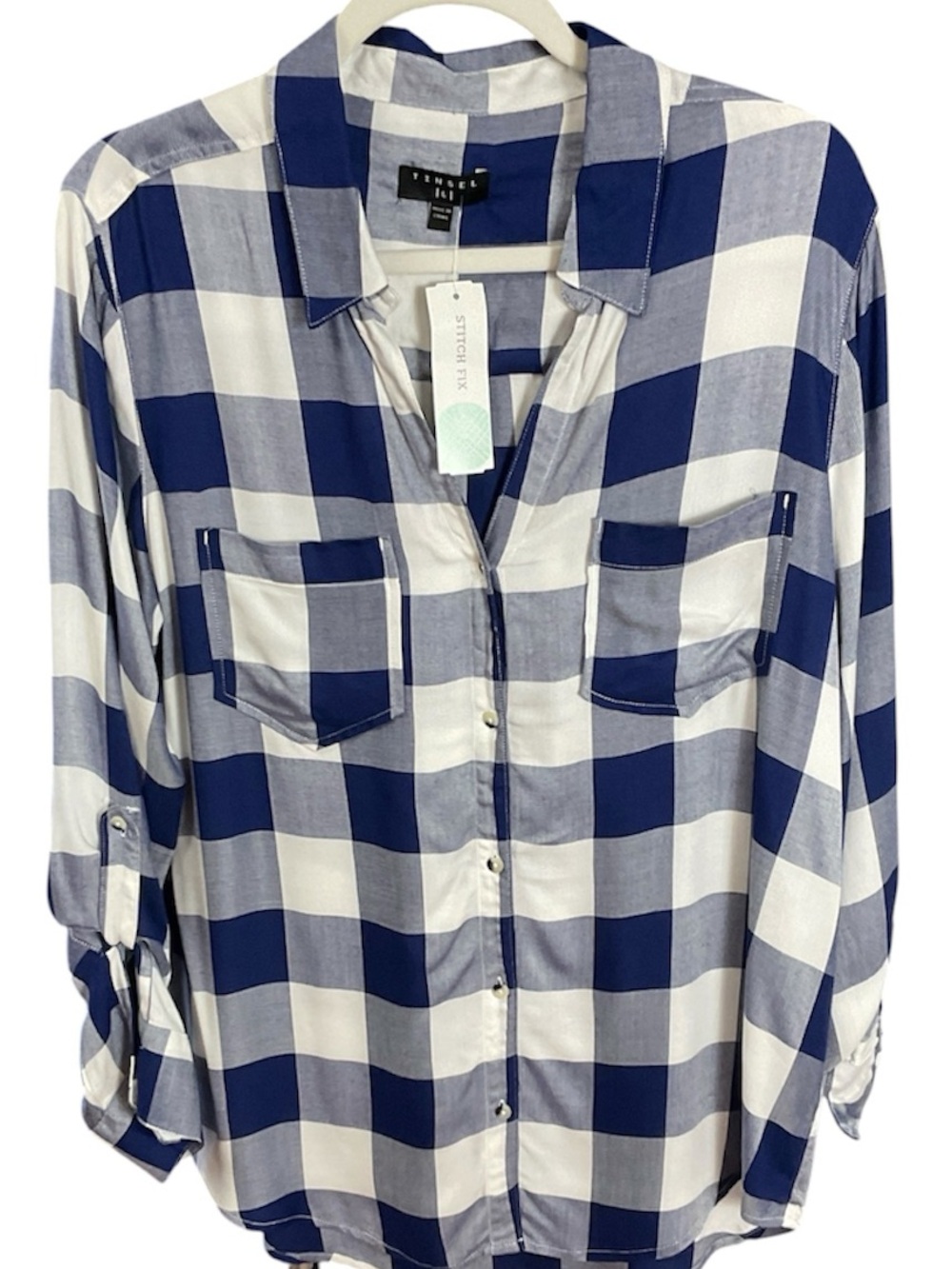 Tinsel Stitch Fix Navy Blue Plaid Button Down Roll-Tab Sleeve Top Shirt - L NWT